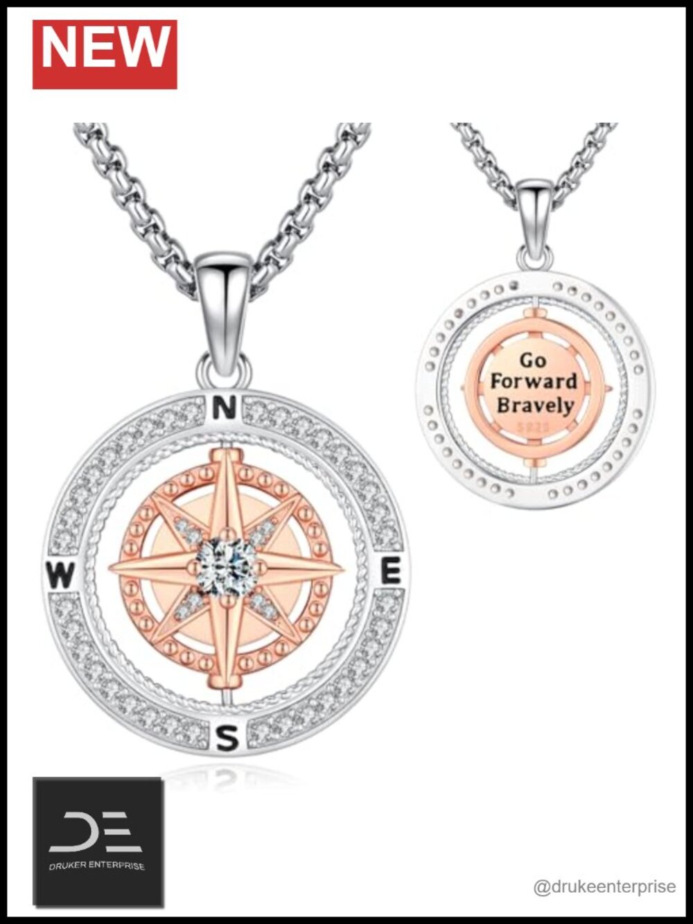 Sterling Silver Compass Necklace Rotatable World Map Pendant Jewelry Gift
